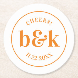 Moderne Minimal Monogram Initials Orange Wedding Runder Pappuntersetzer