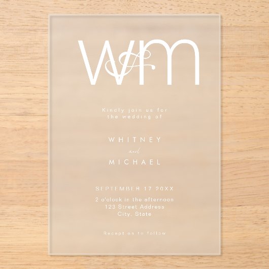 Moderne Minimal-Monogramm-Hochzeit Acryleinladungen (Vorderseite)