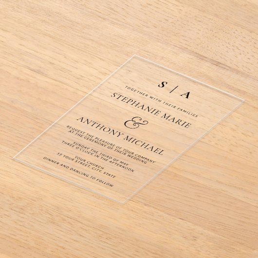 Moderne Minimal-Monogramm-Schwarz-Weiß-Hochzeit Acryleinladungen (Ablage )
