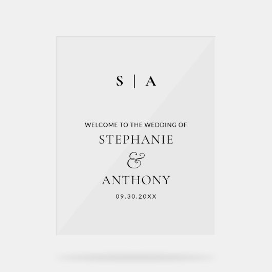 Moderne Minimal-Monogramm-Schwarz-Weiß-Hochzeit Acrylschild (Vorderseite)
