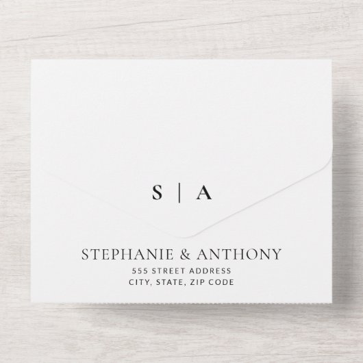 Moderne Minimal-Monogramm-Schwarz-Weiß-Hochzeit All In One Einladung (Rückseite)