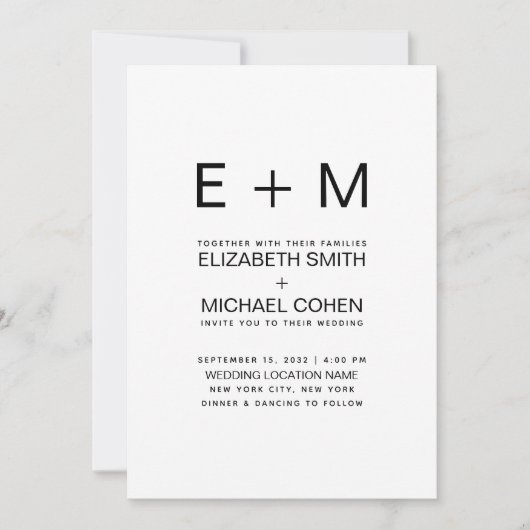 Moderne Minimal-Monogramm-Schwarz-Weiß-Hochzeit Einladung (Vorderseite)