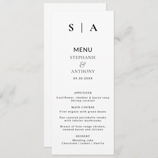 Moderne Minimal-Monogramm-Schwarz-Weiß-Hochzeit Menükarte (Vorne/Hinten)