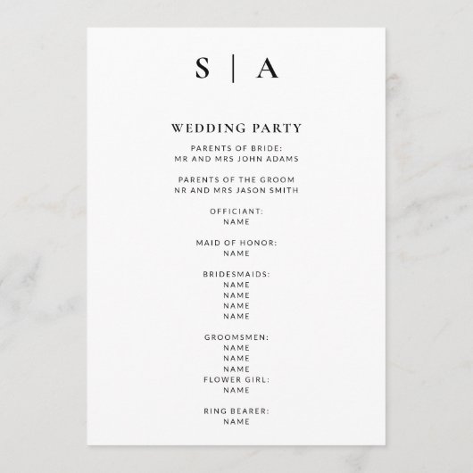 Moderne Minimal-Monogramm-Schwarz-Weiß-Hochzeit Programm (Rückseite)