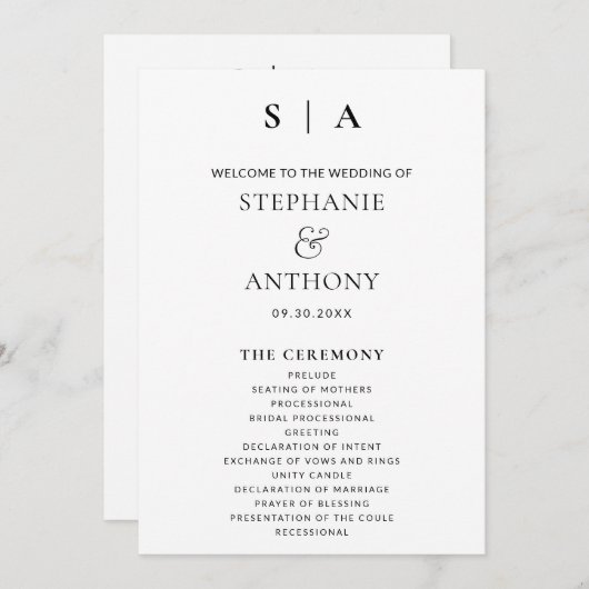 Moderne Minimal-Monogramm-Schwarz-Weiß-Hochzeit Programm (Vorne/Hinten)