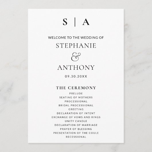 Moderne Minimal-Monogramm-Schwarz-Weiß-Hochzeit Programm (Vorderseite)