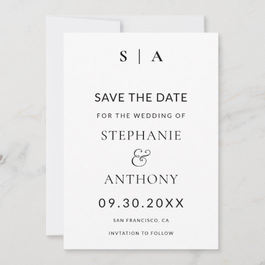 Moderne Minimal-Monogramm-Schwarz-Weiß-Hochzeit Save The Date (Vorderseite)