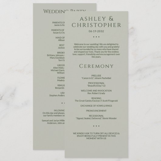 Moderne Minimal Moss & Sage Green Hochzeit Programm (Vorne/Hinten)