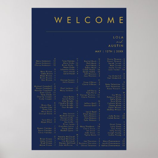Moderne Minimal Navy Blue Gold Alphabetische Sitzp Poster (Vorne)