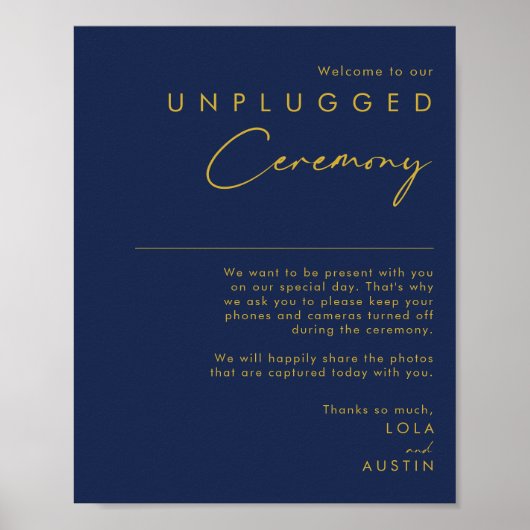 Moderne Minimal Navy Blue Gold Unplugged Zeremonie Poster (Vorne)