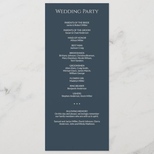 Moderne Minimal Navy Blue Hochzeit Programm (Rückseite)