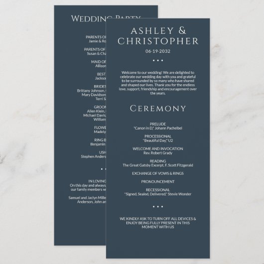 Moderne Minimal Navy Blue Hochzeit Programm (Vorne/Hinten)