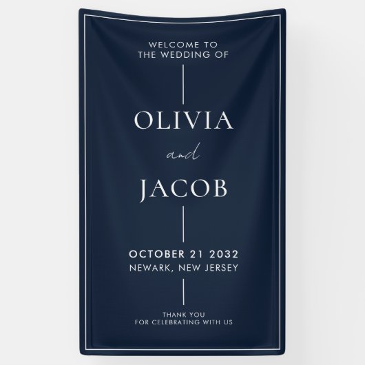 Moderne Minimal Navy Blue Wedding Willkommen Banner (Vertikal)
