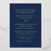 Moderne Minimal Navy und Gold Calligraphy Wedding Folieneinladung (Vorderseite)