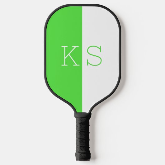 Moderne Minimal Neon Green & White Monogram Pickleball Schläger (Vorderseite)