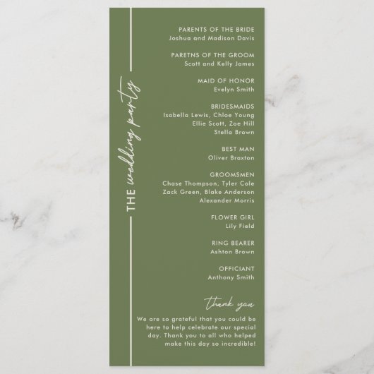 Moderne Minimal Olive Green Wedding Programm (Rückseite)