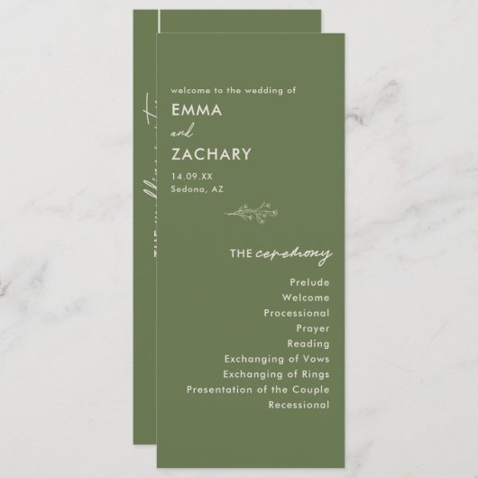 Moderne Minimal Olive Green Wedding Programm (Vorne/Hinten)