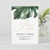 Moderne Minimal Palmenblattgoldhochzeit Ankündigung (Stehend Vorderseite)