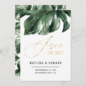 Moderne Minimal Palmenblattgoldhochzeit Ankündigung (Vorne/Hinten)