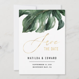 Moderne Minimal Palmenblattgoldhochzeit Ankündigung