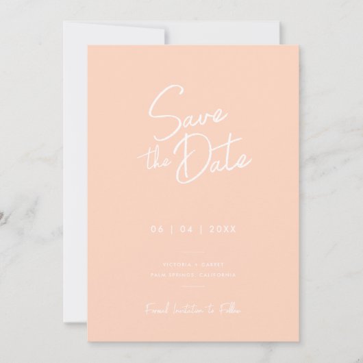 Moderne Minimal Peach Script Foto Wedding Rettete Save The Date (Vorderseite)