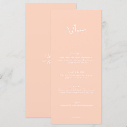 Moderne Minimal Peach Script Hochzeit Menükarte (Vorne/Hinten)