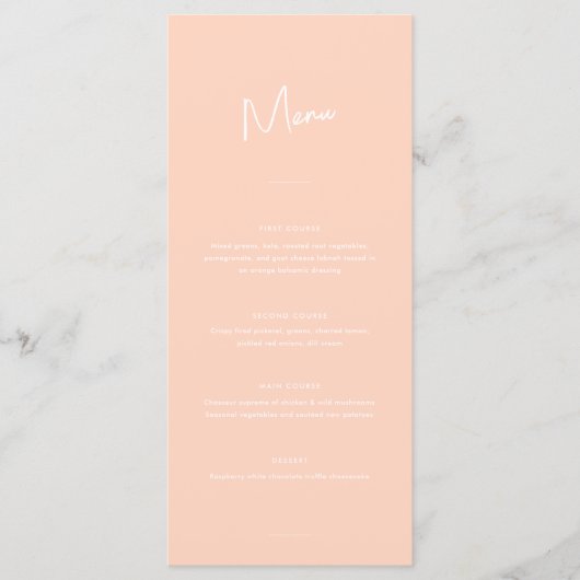 Moderne Minimal Peach Script Hochzeit Menükarte (Vorderseite)