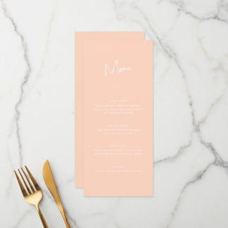 Moderne Minimal Peach Script Hochzeit Menükarte