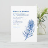 Moderne Minimal Peacock Feather Blue Wedding Einladung (Stehend Vorderseite)