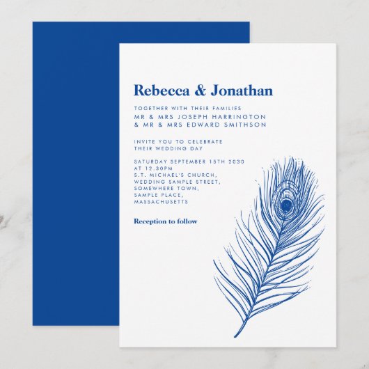 Moderne Minimal Peacock Feather Blue Wedding Einladung (Vorne/Hinten)