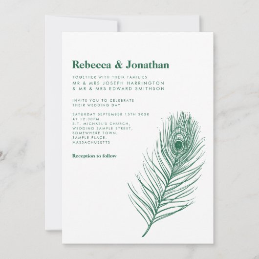 Moderne Minimal Peacock Feather Green Wedding Einladung (Vorderseite)