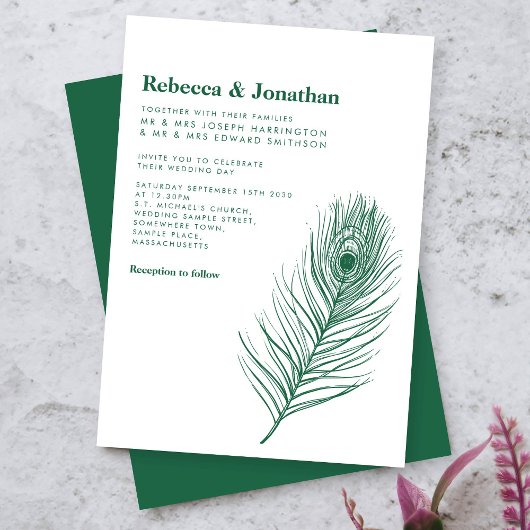 Moderne Minimal Peacock Feather Green Wedding Einladung