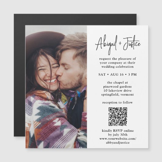 Moderne Minimal QR Code & Foto All-in-One Hochzeit Magneteinladung (Vorne/Hinten)