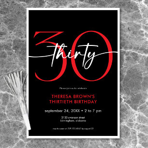 Moderne Minimal Red 30 Script Geburtstag Einladung