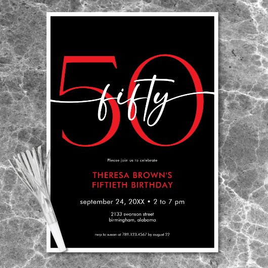 Moderne Minimal Red Fifty Script Geburtstag Einladung