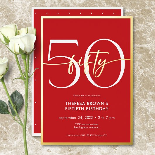 Moderne Minimal Red Fifty Script Geburtstag Folieneinladung