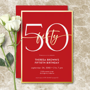 Moderne Minimal Red Fifty Script Geburtstag Folieneinladung