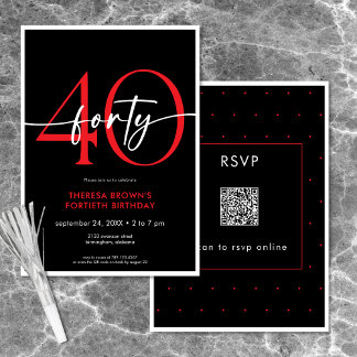 Moderne Minimal Red Forty Script Geburtstag QR Einladung
