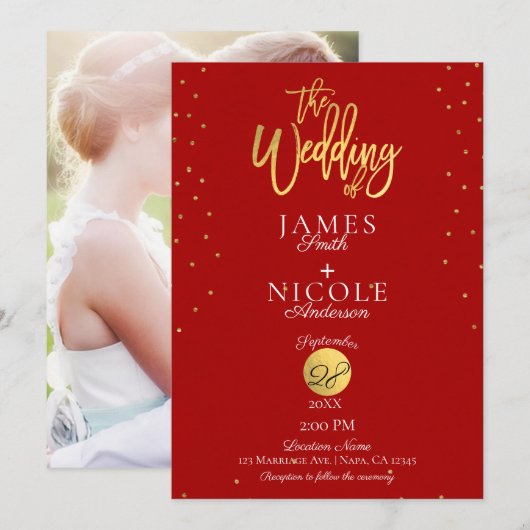 Moderne Minimal Red & Gold Foil Foto Hochzeit Einladung (Vorne/Hinten)
