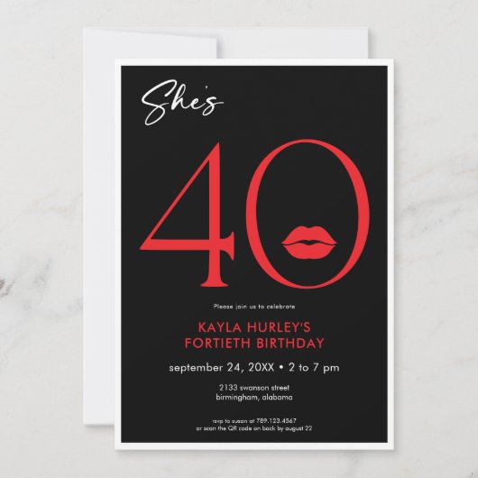 Moderne Minimal Red Lips Sie ist vierzig Geburtsta Einladung (Vorderseite)
