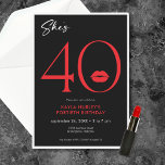 Moderne Minimal Red Lips Sie ist vierzig Geburtsta Einladung<br><div class="desc">Moderne und schicke Einladung zum Geburtstag: "Sie ist 40" und verbindet klassisches Schwarz und Weiß mit Akzenten hellen Rotes mit einem spielerischen Paar Lippen. Es ist minimales Design ist ein einfaches und lustiges Design,  um den Meilenstein Geburtstag zu feiern. Erstellt von der einfachen Farmhouse Press.</div>