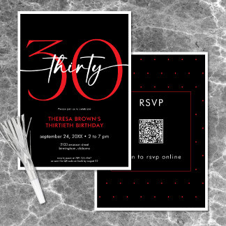 Moderne Minimal Red Thirty Script Geburtstag QR Einladung