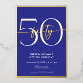 Moderne Minimal Royal Blue Fifty Script Geburtstag Folieneinladung (Vorderseite)