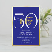 Moderne Minimal Royal Blue Fifty Script Geburtstag Folieneinladung (Stehend vorne)