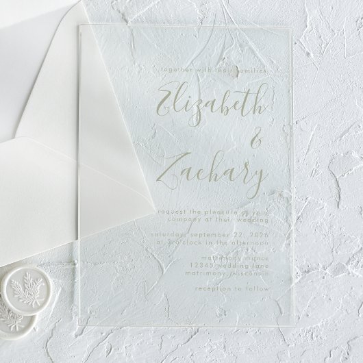 Moderne Minimal Sage Green Script Hochzeit Acryleinladungen