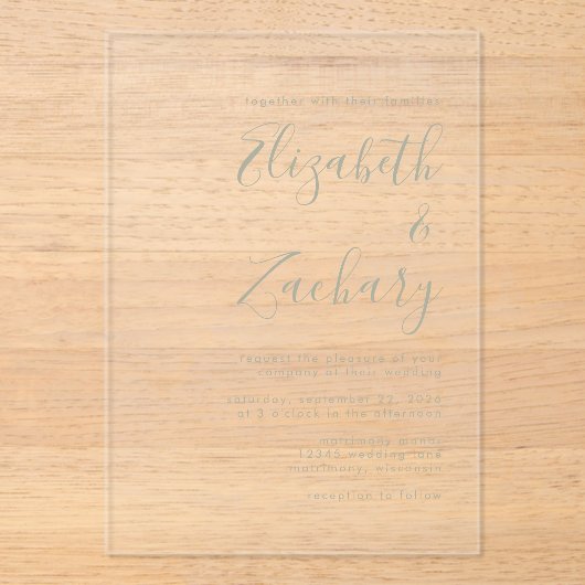 Moderne Minimal Sage Green Script Hochzeit Acryleinladungen (Vorderseite)