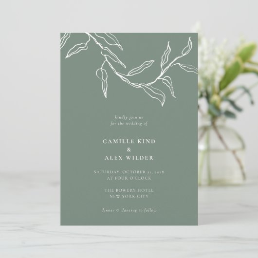 Moderne Minimal Sage Grüne botanische Blätter Hoch Einladung (Stehend Vorderseite)