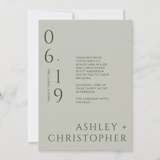 Moderne Minimal-Sage & Moss Split Datum Hochzeit Einladung (Vorderseite)