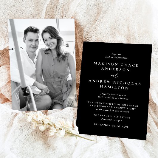 Moderne Minimal Schwarz-Weiß-Foto-Hochzeit Einladung