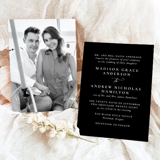Moderne Minimal Schwarz-Weiß-Foto-Hochzeit Einladung